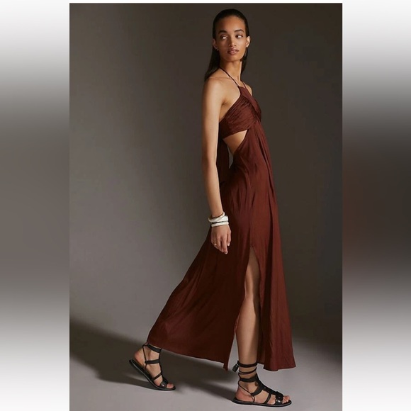 Anthropologie Brown Maxi halter Dress size XL - Picture 1 of 11